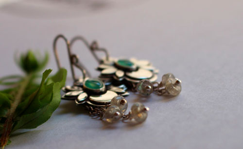 Water moon, moon flower earrings in sterling silver, chrysoprase and labradorite 