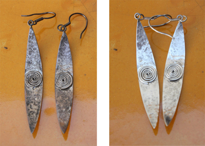Sterling silver earrings, before and after the cleaning of natural oxidation