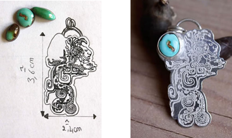 Preparatory drawing and choice of turquoise stone for this Maya theme pendant for a Pre-Hispanic civilization enthusiast