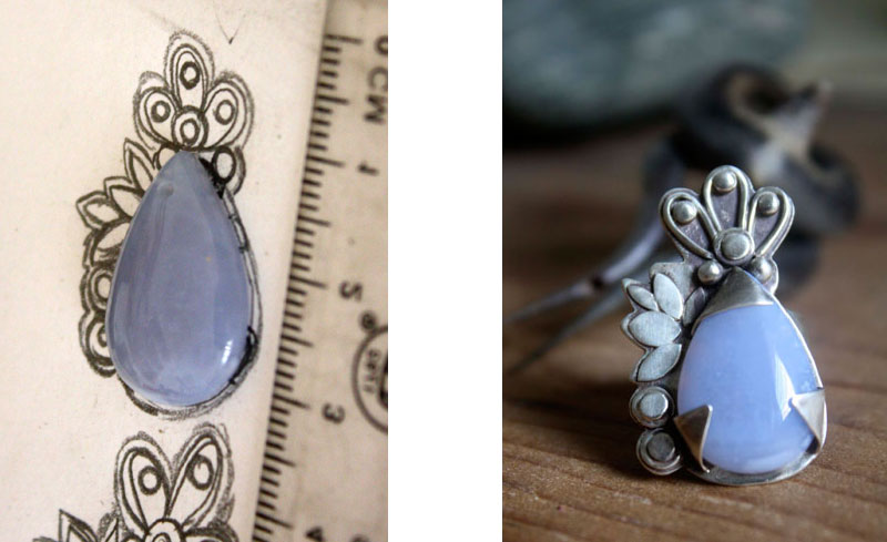 Preparatory drawing for this ring with a blue lavender chalcedony especially ordered for this personalized order.