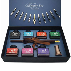 Calligraphy Pen Set – Includes Wooden Dip Pen, Antique Brass Holder, 11 Nibs, 7 Colors Ink Bottles and Beginner’s Manual