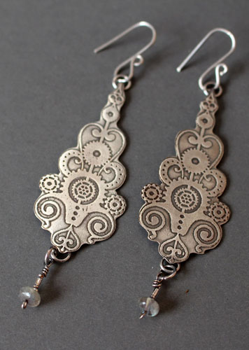 6° per minute, steampunk clockwork earrings in silver and labradorite
