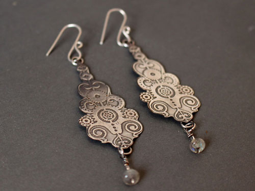 6° per minute, steampunk clockwork earrings in silver and labradorite