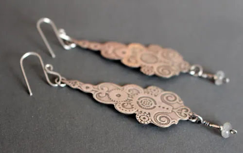 6° per minute, steampunk clockwork earrings in silver and labradorite