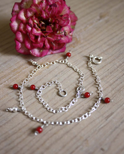 Coral, coral reef anklet and bracelet in sterling silver and red coral