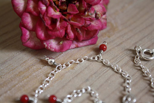 Coral, coral reef anklet and bracelet in sterling silver and red coral