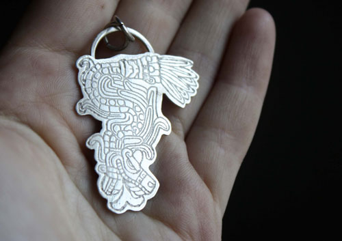 Feathered Serpent, Kukulkan Mayan god pendant in sterling silver