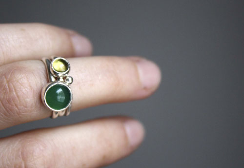 Green tea from Himalaya, sterling silver stacking rings with green agate and peridot