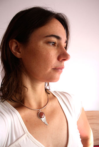 Hiko, bird wing pendant in sterling silver and red coral