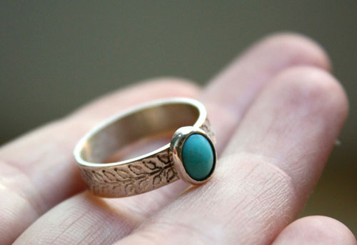 Ipomoea, ivy etched ring in sterling silver and turquoise