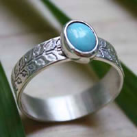 Ipomoea, ivy etched ring in sterling silver and turquoise