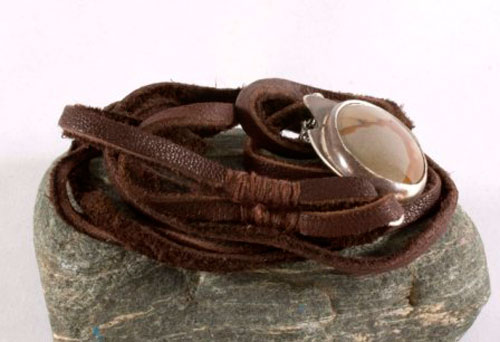 Shandar, picture jasper, leather and sterling silver man bracelet
