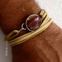 Shina, red sand bracelet in sterling silver, leather and picture jasper