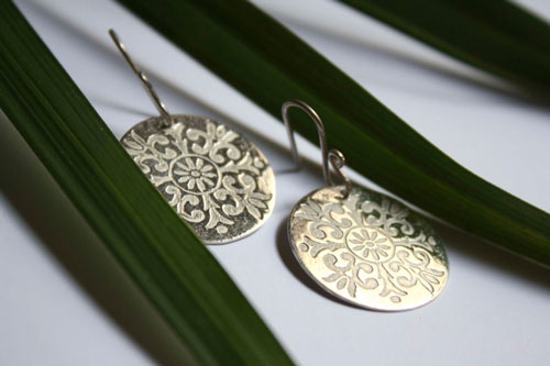 Alixia, baroque fleur-de-lis disk earrings in sterling silver