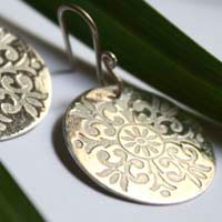 Alixia, baroque fleur-de-lis disc earrings in sterling silver