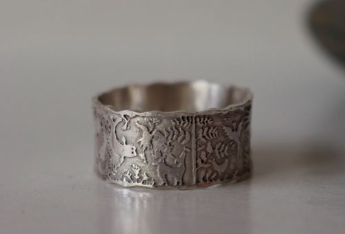 An imaginary world, personalized Otomi wedding ring in sterling silver