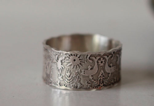 An imaginary world, personalized Otomi wedding ring in sterling silver