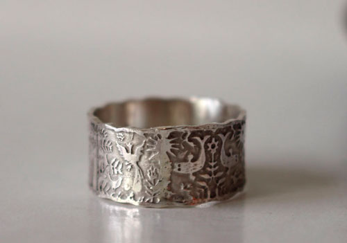 An imaginary world, personalized Otomi wedding ring in sterling silver