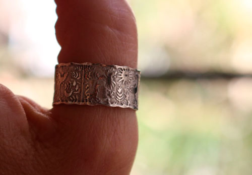 An imaginary world, personalized Otomi wedding ring in sterling silver