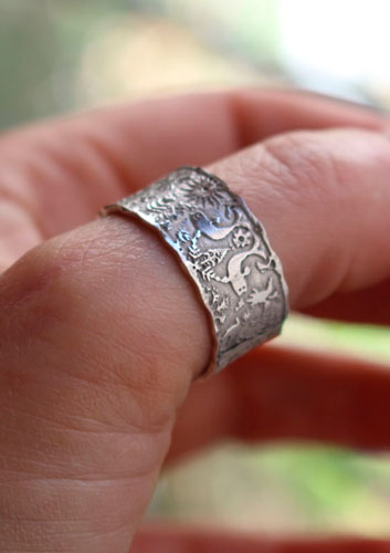 An imaginary world, personalized Otomi wedding ring in sterling silver