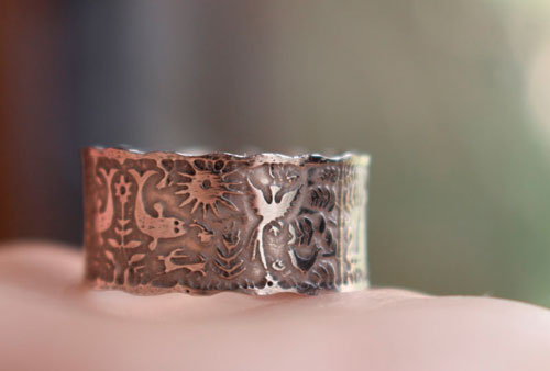 An imaginary world, personalized Otomi wedding ring in sterling silver