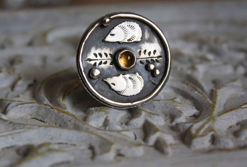 Autumn hedgehog, hedgehog totem series ring in sterling silver and citrine