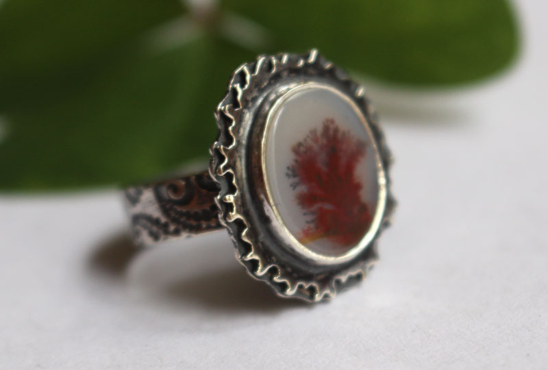 Autumn reflections, season landscape ring in sterling silver and dendritic agate