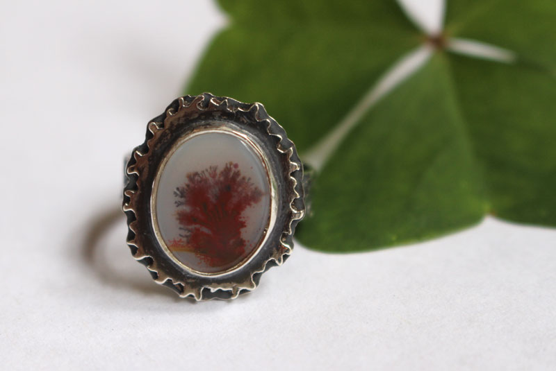 Autumn reflections, season landscape ring in sterling silver and dendritic agate