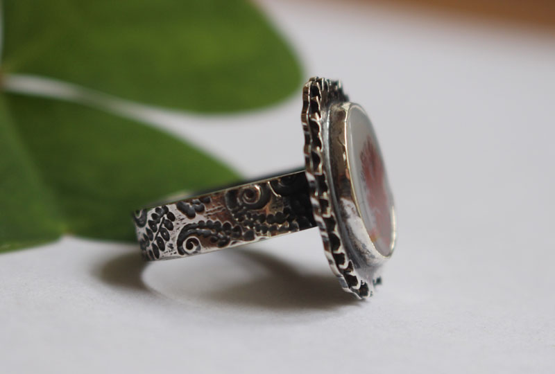 Autumn reflections, season landscape ring in sterling silver and dendritic agate