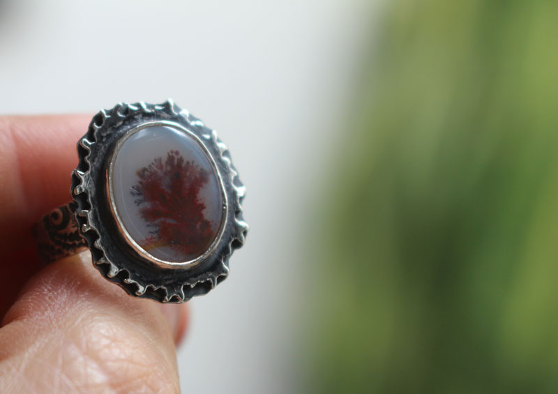 Autumn reflections, season landscape ring in sterling silver and dendritic agate