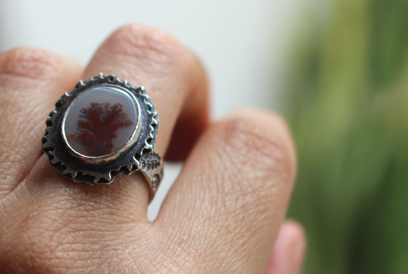 Autumn reflections, season landscape ring in sterling silver and dendritic agate