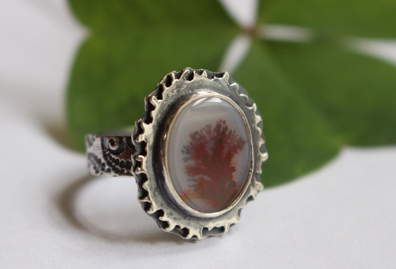 Autumn reflections, season landscape ring in sterling silver and dendritic agate