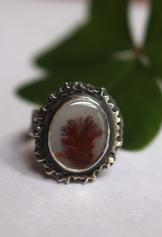 Autumn reflections, season landscape ring in sterling silver and dendritic agate