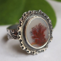 Autumn reflections, season landscape ring in sterling silver and dendritic agate