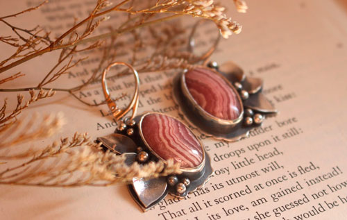 Blossoming, flower earrings in sterling silver and rhodochrosite