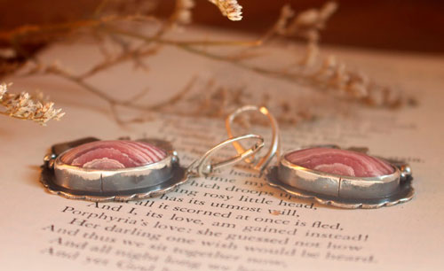 Blossoming, flower earrings in sterling silver and rhodochrosite