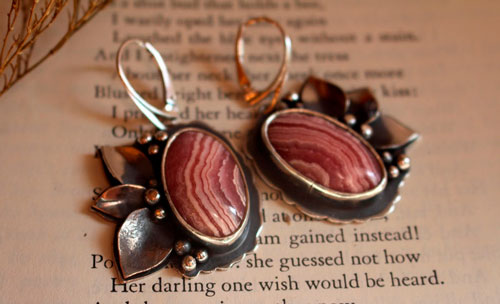 Blossoming, flower earrings in sterling silver and rhodochrosite