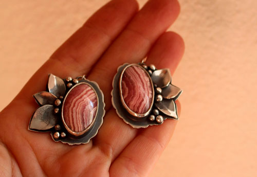 Blossoming, flower earrings in sterling silver and rhodochrosite