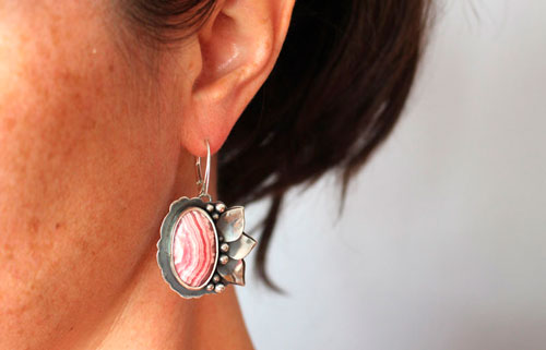 Blossoming, flower earrings in sterling silver and rhodochrosite