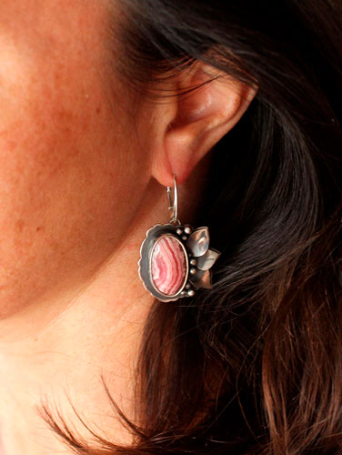 Blossoming, flower earrings in sterling silver and rhodochrosite