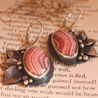 Blossoming, flower earrings in sterling silver and rhodochrosite