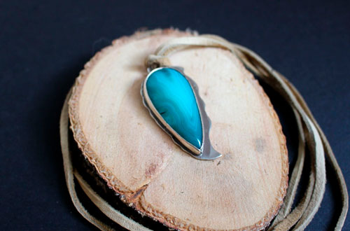 Blue pine, rustic pendant in sterling silver and blue agate