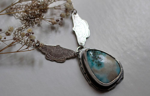 Butterfly of the soul, butterfly necklace in sterling silver and larimar