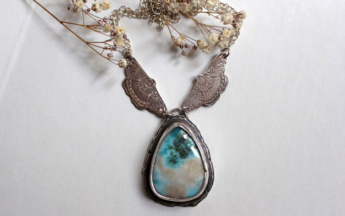 Butterfly of the soul, butterfly necklace in sterling silver and larimar