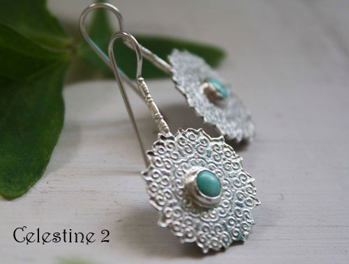 Celestine 2, oriental tribal earrings in sterling silver and turquoise
