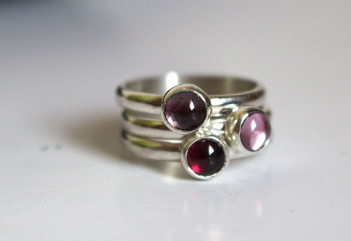 Cherry blossom, stacking rings in sterling silver, garnet, alexandrite and zircon