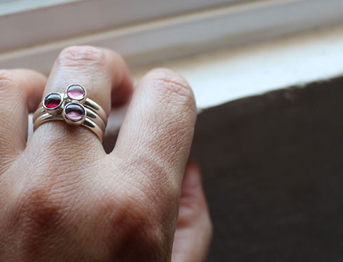 Cherry blossom, stacking rings in sterling silver, garnet, alexandrite and zircon