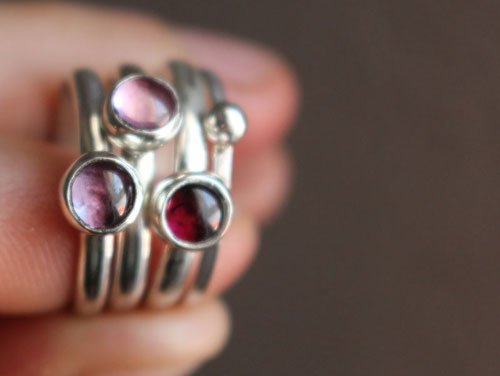 Cherry blossom, stacking rings in sterling silver, garnet, alexandrite and zircon