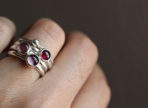 Cherry blossom, stacking rings in sterling silver, garnet, alexandrite and zircon