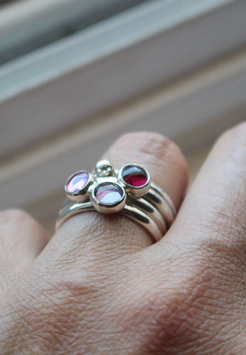 Cherry blossom, stacking rings in sterling silver, garnet, alexandrite and zircon